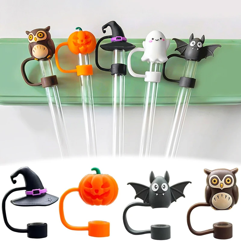 Cartoon Owl Pumpkin Halloween Straw Caps Children's Food-grade Silicone Straw Caps 10mm Dust-proof Reusable Straw Cover