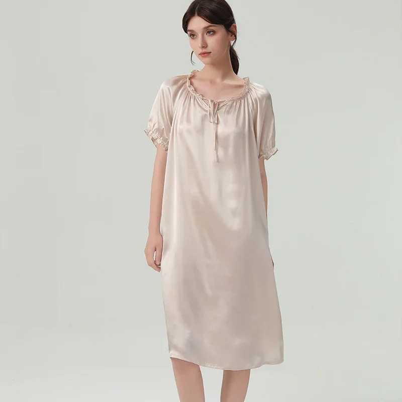 

19 мм 100% натуральная шелковая сорочка, ночная рубашка с круглым вырезом, свободная ночная рубашка, одежда для сна из тутового шелка, пижамное платье миди с короткими рукавами, ночная рубашка