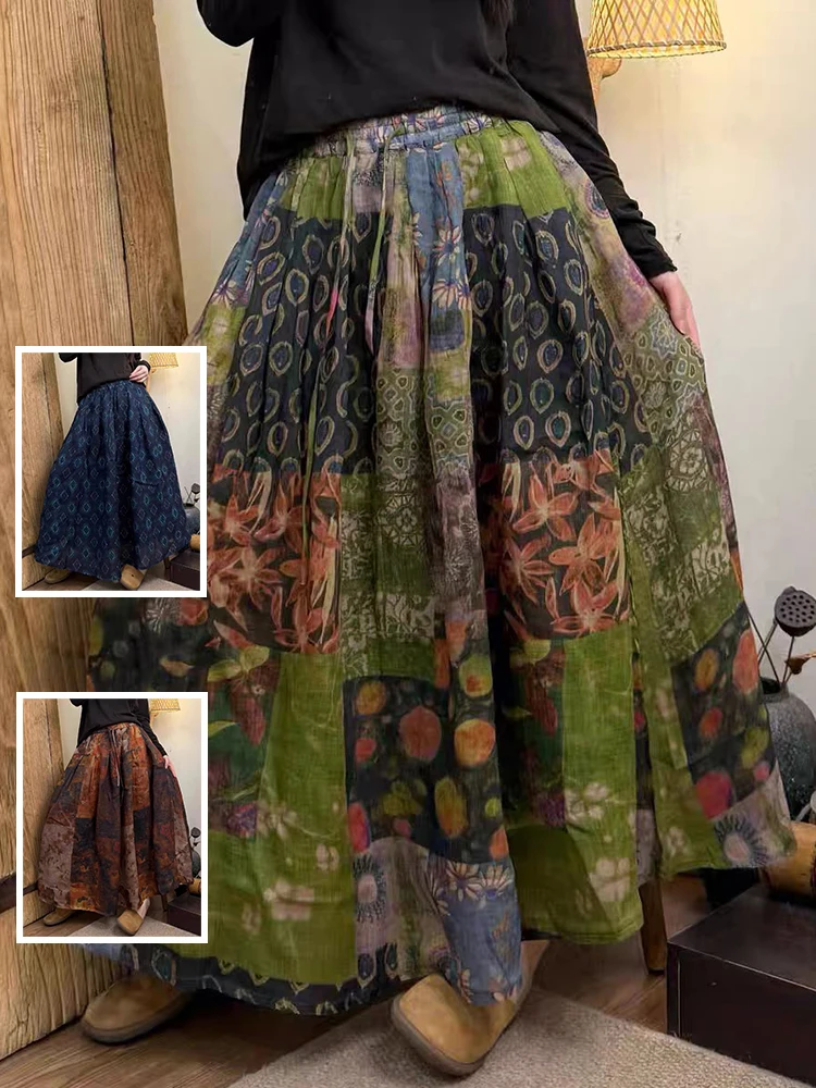 

Retro Floral Print Cotton Linen f Skirt Elastic Waist Slimming Versatile Long A-Line Flower Skirt for plus Size Women