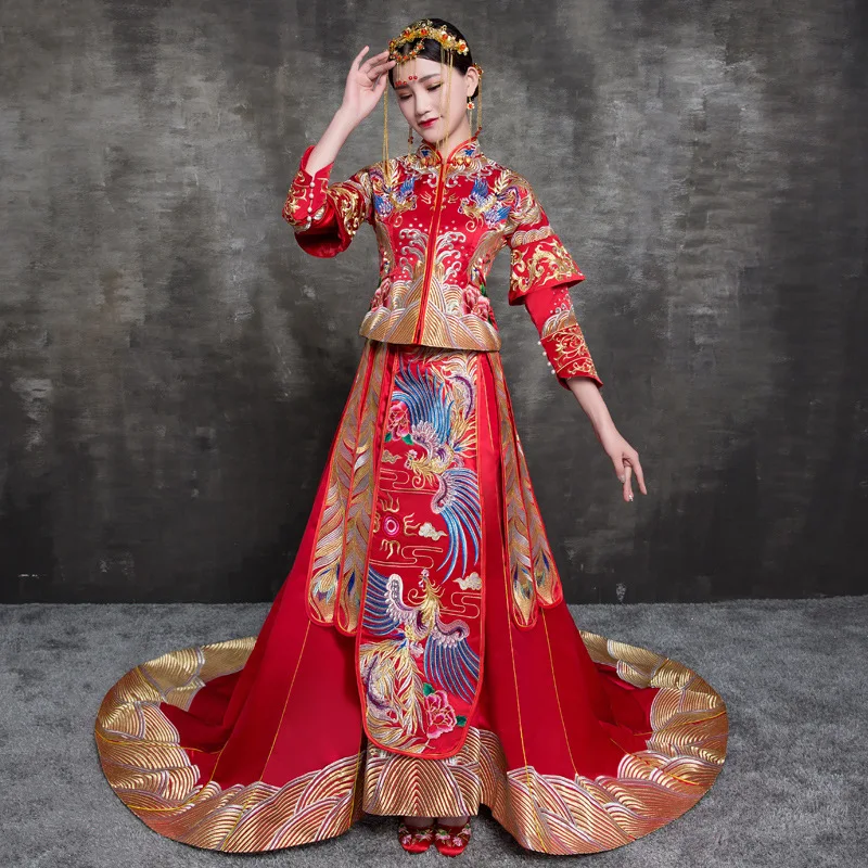 

Yourqipao, традиционное китайское свадебное платье с вышивкой, 2022, женское длинное платье Cheongsam Xiuhe Bride, винтажное китайская одежда