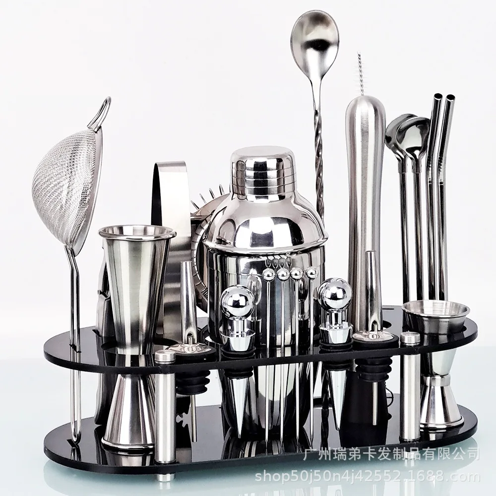 Stainless Steel Bartender Set 23-piece Cocktail Shaker Bartending Tool Removable Oval Acrylic Shelf