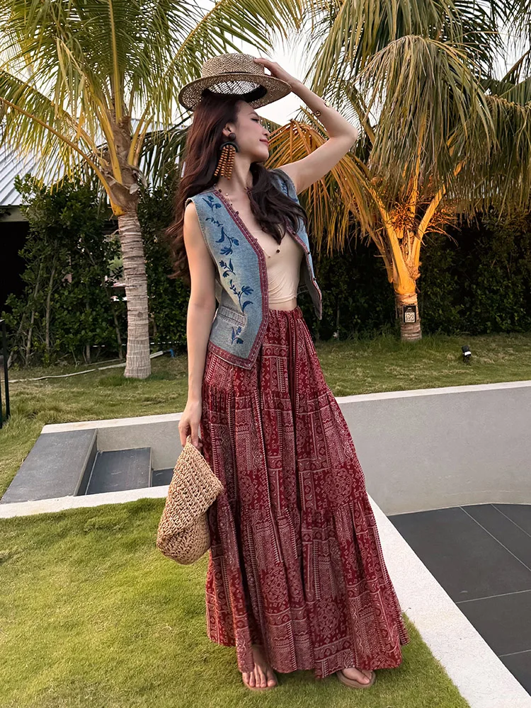 

Летний модный джинсовый комплект: жилет и юбка, женский костюм-двойка с высокой талией, принтованный, с V-образным вырезом, дышащий, на шнуровке, с открытой спиной, трендовый