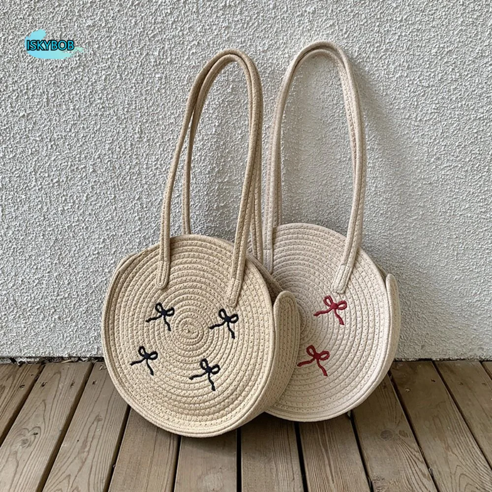 

Богемская круглая соломенная сумка с хлопковой вышивкой и бантом, большая вместительная пляжная сумка через плечо с вышивкой и плетением, летняя