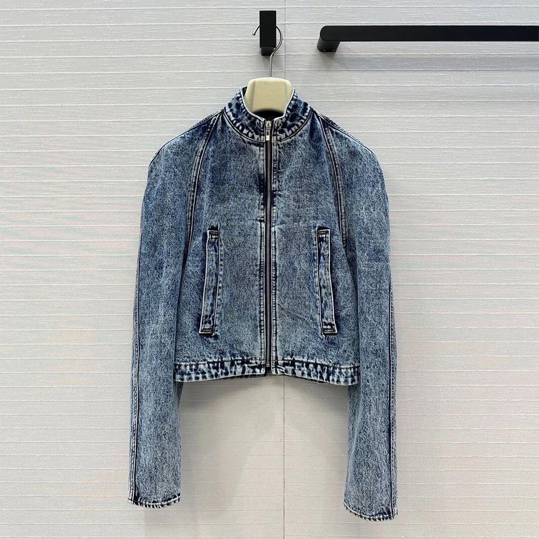 

2025 New Autumn Vintage Washed Snowflake Denim Jacket with Back Waistband Design Stand Collar Long Sleeve Zipper Casual Coat