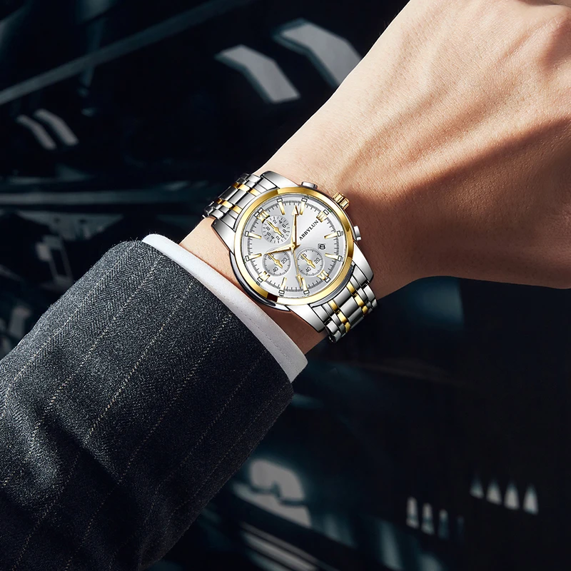 ABBYLUN 824 Men Quartz Watch Luxury Leisure Business Shockproof Analog Date Stainless Steel Strap Wrist Watch for Male Gift