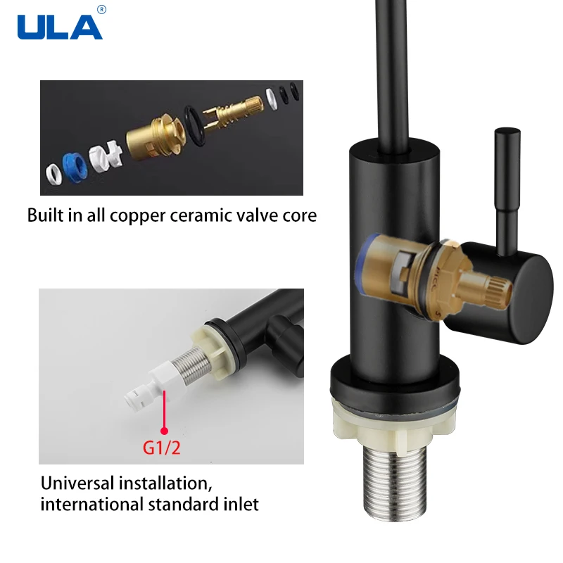 ULA Kitchen Faucet Direct Drinking Tap Black Matte Stainless Steel Kitchen Water Filter Faucet Tap Purify System Reverse Osmosis