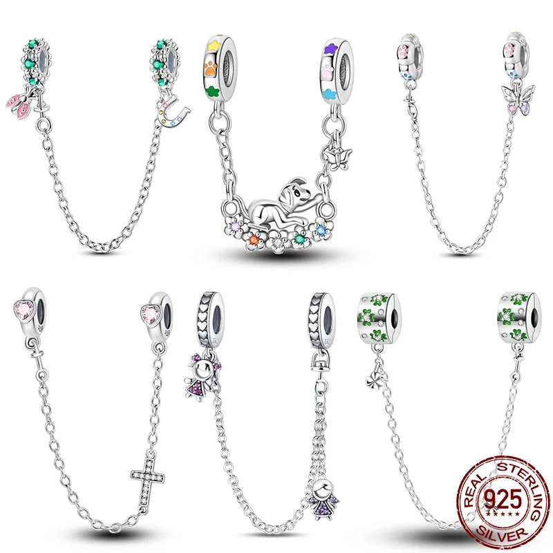 New 100% 925 Silver Lucky Clover Safety Chain Charms Bead Fits Original Pandora Bracelet Pendant Women Fashion Fine Diy Jewelry