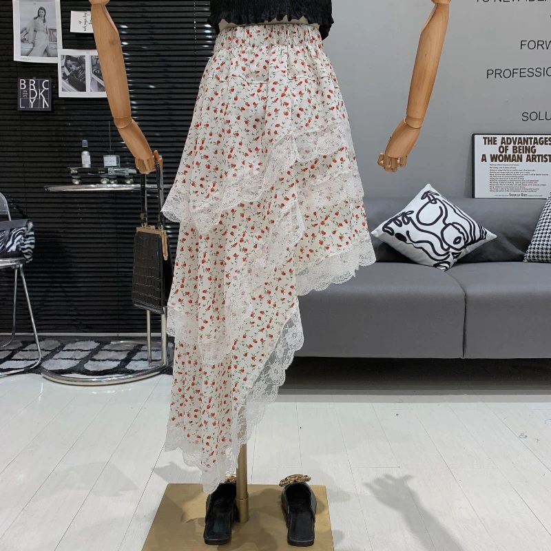 

Корейский ретро модный дизайн, тонкая и модная юбка с нерегулярными кружевными краями и цветочным принтом с высокой талией для женщин