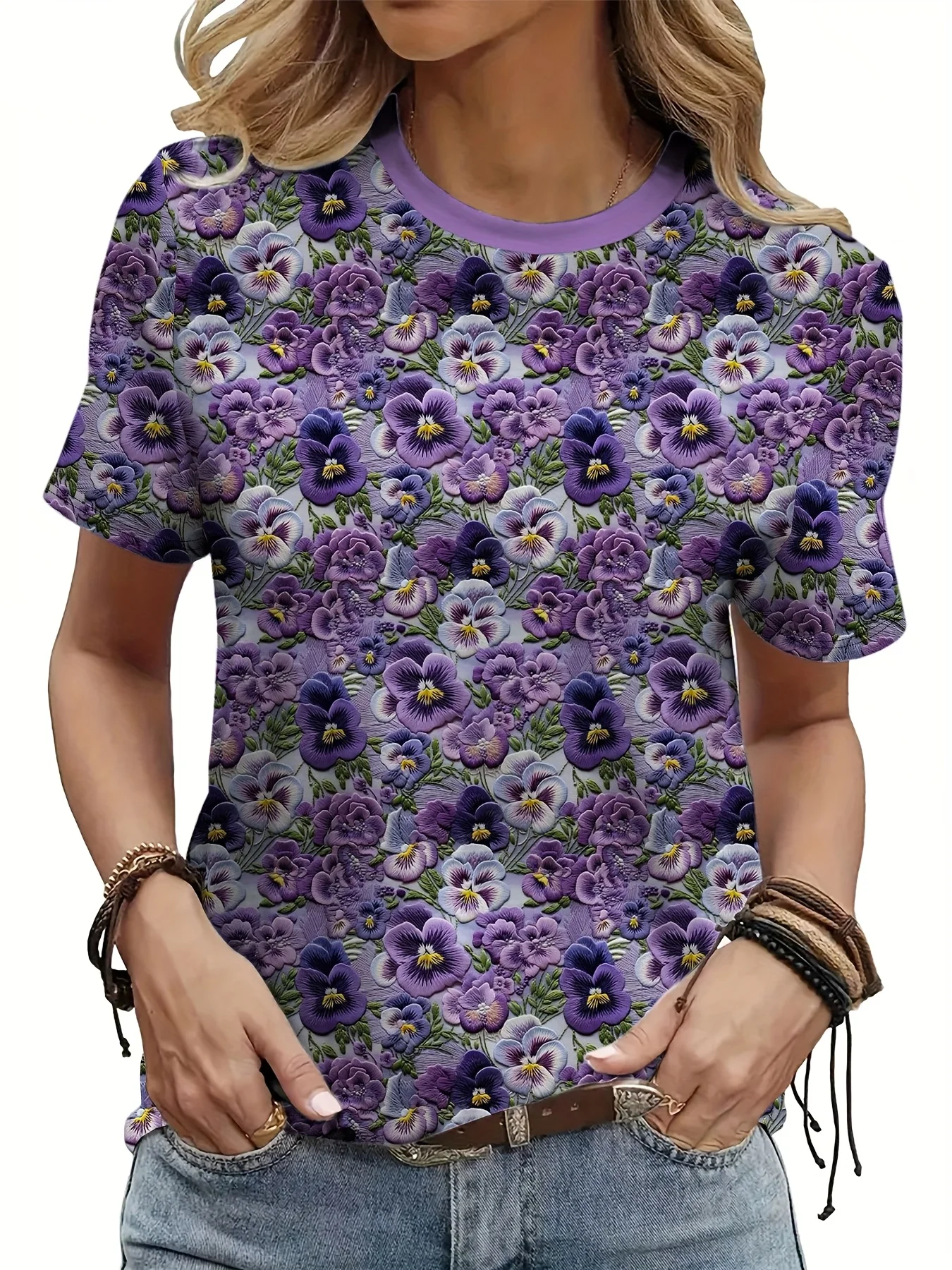 

Летняя женская футболка, топы с короткими рукавами, фиолетовая футболка с цветочным узором, повседневная свободная дышащая женская футболка с круглым вырезом