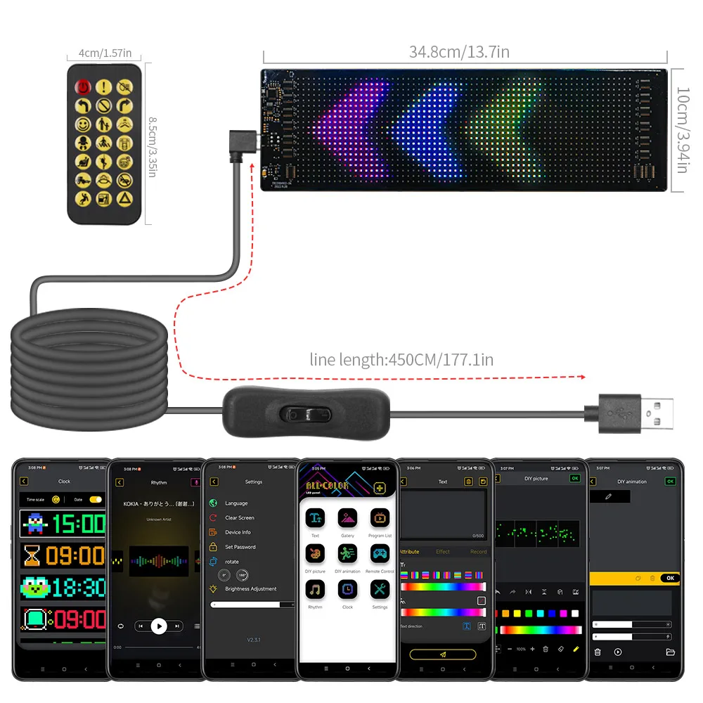 Imagem -02 - Painel Matriz Led para Rolagem do Carro Endereçável Flexível Padrão Rgb Graffiti Controle Bluetooth App Publicidade Usb 5v