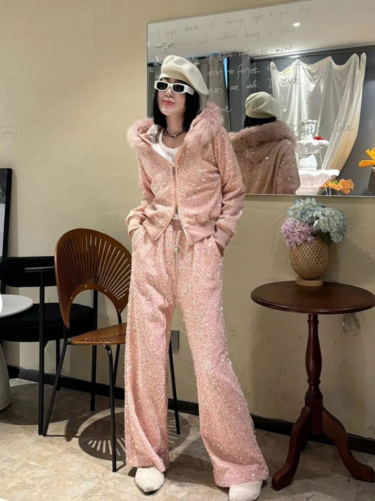 2024 Winter Fashion Sequin Two Piece Set Warm Women Big Fur Collar Hooded Parka High Waist Wide Leg Pants Vintage Outfit