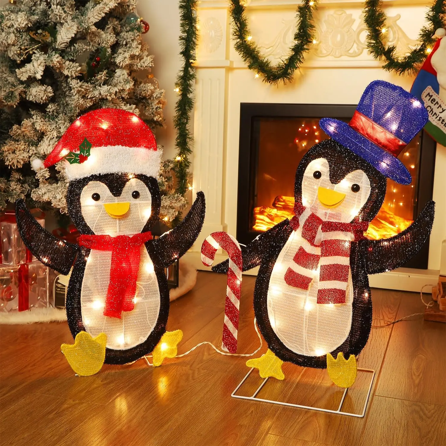 مجموعة من 2 بطاريق بهرج عيد الميلاد المضاء، بطريق مكدس ثنائي الأبعاد مضاء مسبقًا مع أضواء متوهجة، تضيء وتوصيل f #5