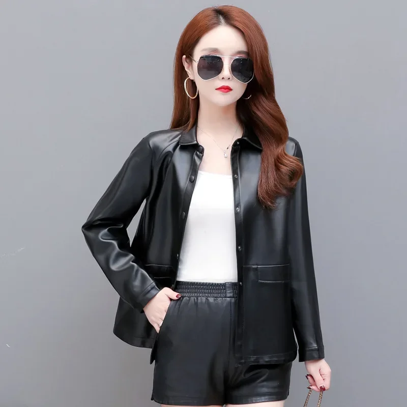 Leather Jacket Women 2023 Spring Autumn Single-breasted Slim Coats Female Elegant Leather Jackets Lapel Chamarras Para Mujeres