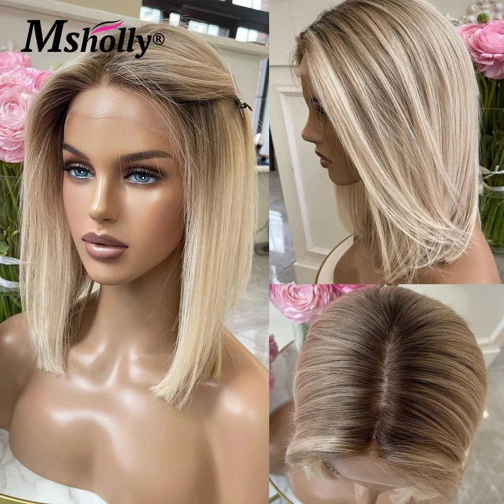 Asch blonde kurze Bob Perücken menschliches Haar 13x4 Spitze Frontal Perücke dunkle Wurzel gerade Bob geschnitten menschliches Haar Ombre vor gezupft Remy Haar Perücken