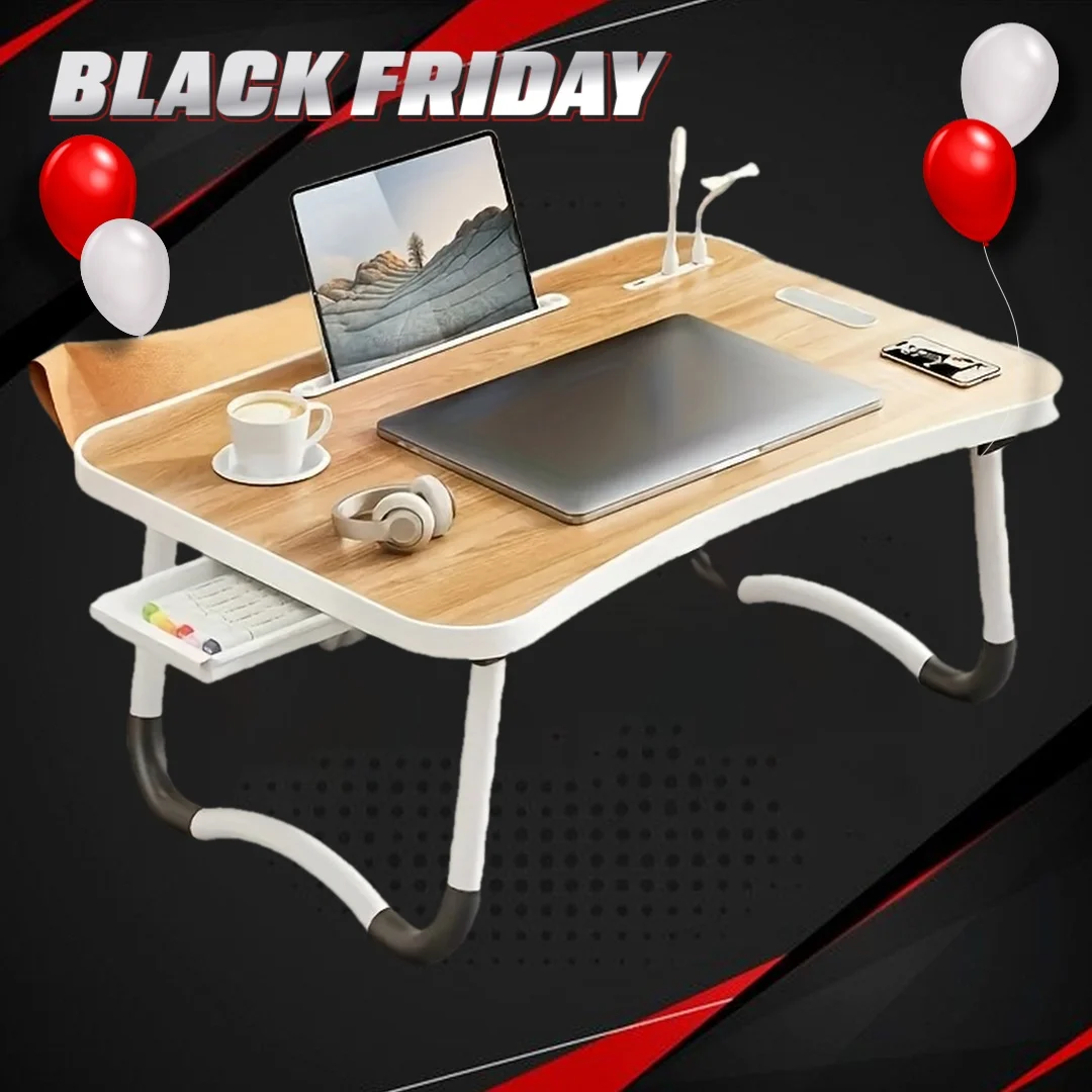 

Foldable Bed Table with USB, Fan & Light - Large Portable Laptop Desk with Cup Holder & Drawer for Reading, Eating in Bed