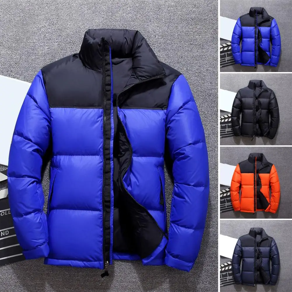 Color-blocked Cotton Padded Coat Men's Cotton Coat with Stand Collar Patchwork Color Windproof Cuffs Long Sleeve for Winter