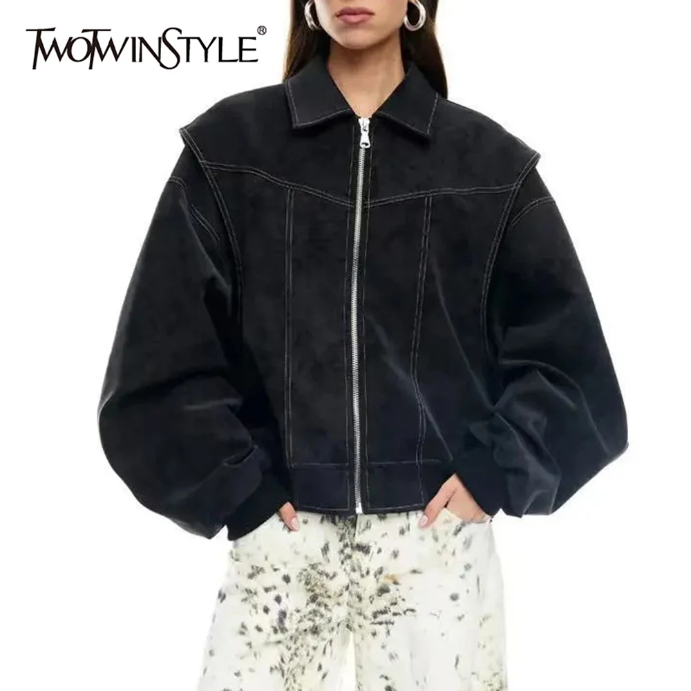 TWOTWINSTYLE Moderne Retro Herbst Lose Mäntel für Frauen Revers Langarm Patchwork Zipper Gepolsterte Schultern Mode Jacke Weibliche