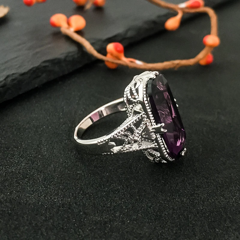 10*20mm Big Amethyst Gemstone Ring Hollowed-out Silver Plated Rings Exaggerated Silver Hand Jewelry For Women
