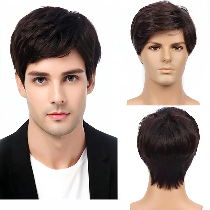 Cocktail Party Man Suit Match Short Straight Hair Concert Dress Up Flyaway Hair Straight Bangs Wig Man Daily Ear Length Hair