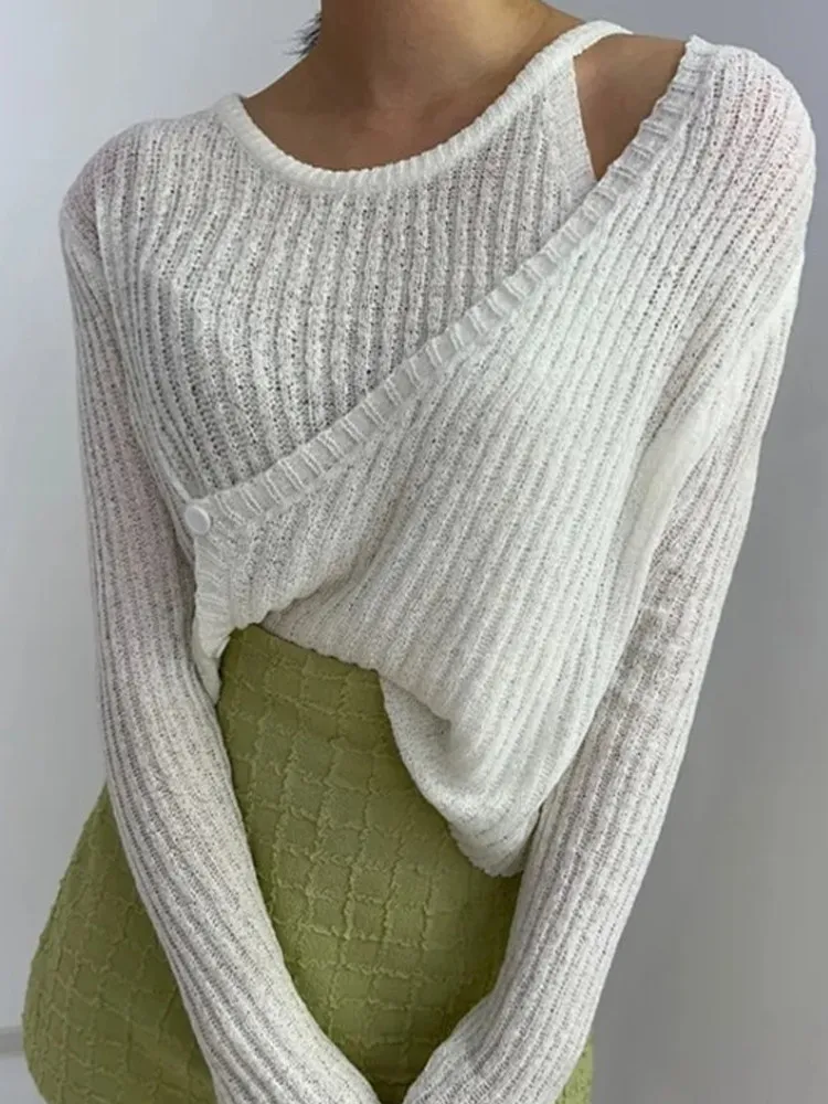 Women's White Thin Knit T-shirt Y2K Gyaru Fashion Elegant Hollow Long Sleeve T-shirt Sun Protection Top for Women Spring Autumn