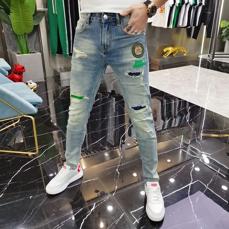 Men Autumn Beggar Hole Ripped Jeans Trendy Brand Matching Embroidered Slimming Elastic Ankle Length Pants