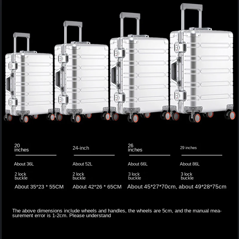 100% Aluminum-magnesium alloy Travel Suitcase Rolling Luggage 20/24/29 inch Trolley Luggage Carry-On Cabin Suitcase