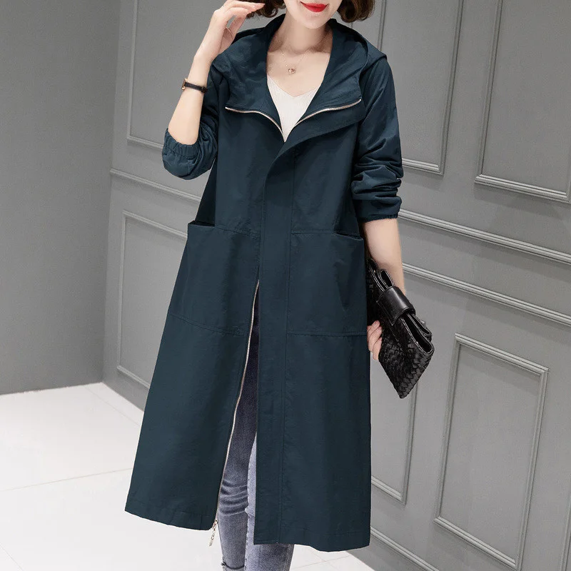 Korean Hooded Windbreaker Coat Women Spring Autumn 2024 New Fashion Middle Length Overcoat Casual Loose Trench Coat Female