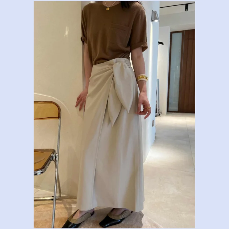 

26 year early autumn new minimalist commuting plain leather high waist wrapped mid length skirt