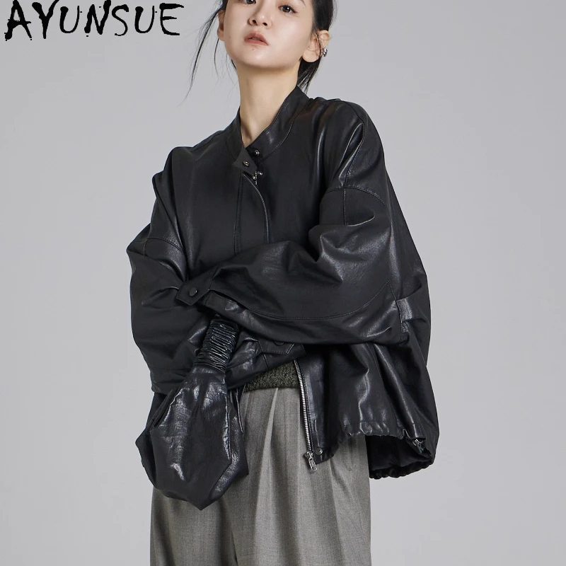 AYUNSUE سترة جلدية أصلية من جلد الغنم معاطف نسائية فضفاضة مناسبة للربيع والخريف معطف جلد 2025 أنيق Jaqueta De Couro