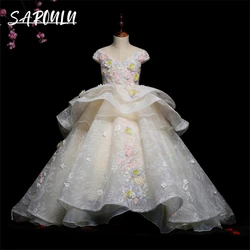 Fairy Tale Floral Dress For Kids, Cap Sleeves Lace Ball Gown Flower Girls Dress, Draped Wedding Guest Gown For Children