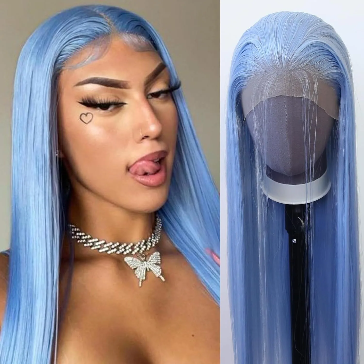 

Light Blue 13X4 HD 32 Inch Long Straight Lace Front Wig Pre Plucked Glueless Synthetic And Blend Lace Wigs Cosplay For Women