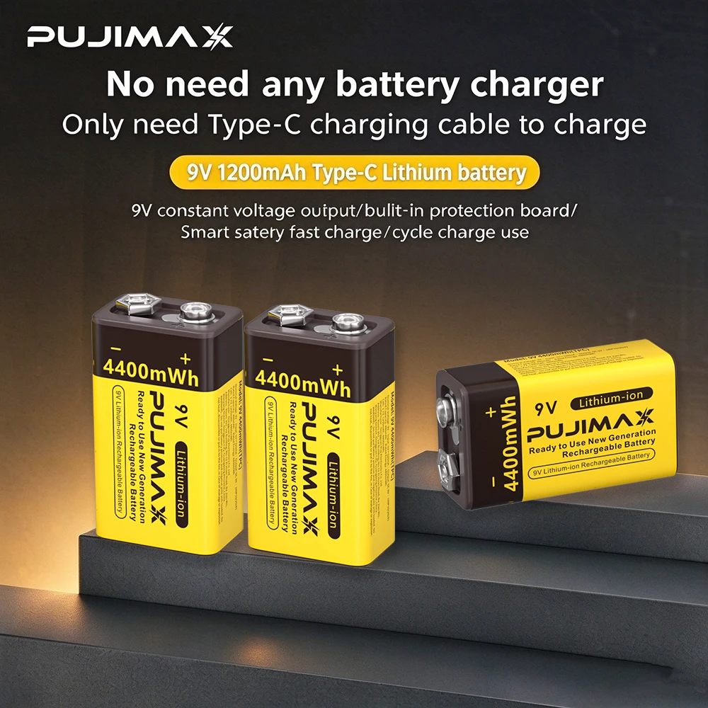 PUJIMAX USB 9V Rechargeable Battery 4400mWh Type-C Rechargeable 6F22 9V Li-ion Battery for RC Helicopeter Model Multimeter Toy