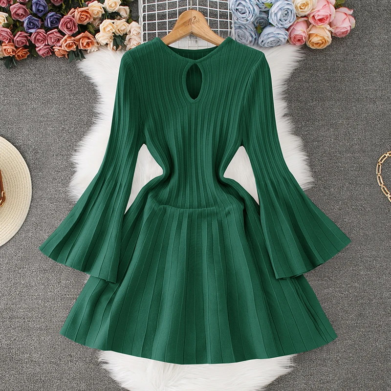 sweet Basic Slim Flare Sleeve knit o neck Dress  Vintage Korean Fashion Knit Vestido Women summer dresses