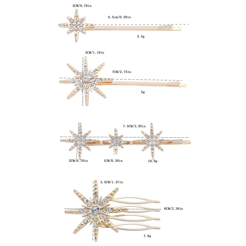 4 قطع حجر الراين ستار الشعر بوبي دبابيس مجموعة الذهب كريستال الشعر الجانب مشط كليب مشابك الشعر لفتاة النساء الزفاف إكسسوارات الشعر #2