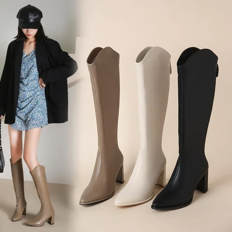 Soft Pu Leather Knee-High Boots Women 2024 Winter Short Plush Thick Heels Long Boots Woman Black Back Zipper Knight