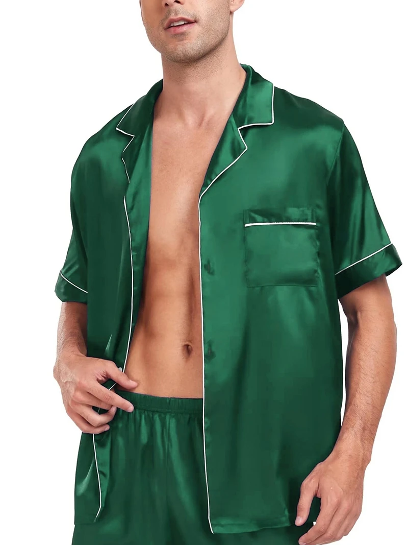 2-teiliges Pyjama-Set aus seidigem Satin für Herren, kurzärmeliges Hemd mit Revers, Brusttasche und Shorts, glatte Haptik, weiche Nachtwäsche, gemütliche Nachthemden – Detail 6