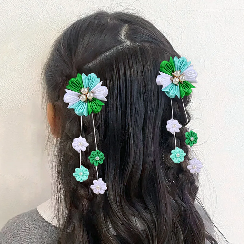 2Pcs Sweet Floral Hair Clip Sweet Pearl Rhinestone Hairpins Long Flower Tassels Barrettes Headwear Kids Hair Accessories