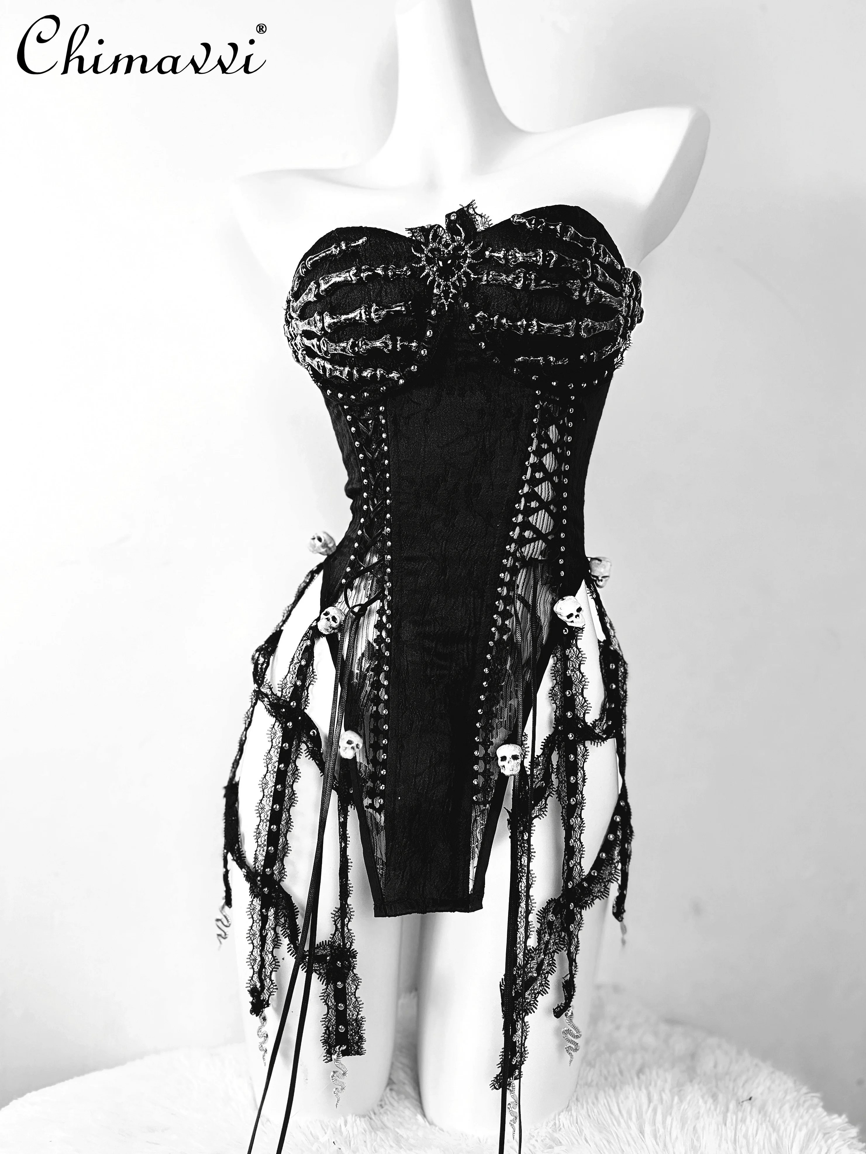 

Original Punk Dark Girls Handmade Goth Skull Black Strap Drawstring Corset Bird Cage Lace Tassel Tube Top Long Trailing Skirt