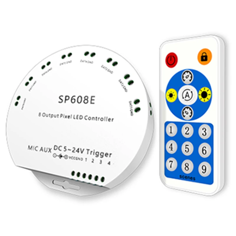 

T85C SP608E WS2812B Музыкальный контроллер 8-канальный выход сигнала WS2811 WS2815 Светодиодная лента Встроенный микрофон IOS Android Приложение Bluetooth