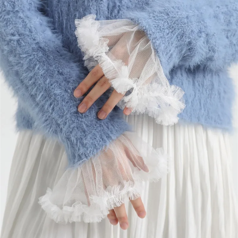 

White Detachable Cuffs Pearl Lace Mesh Fake Flared Sleeves Women Pleated Flare Sleeve Ruffles Wristband Decorative Accessory
