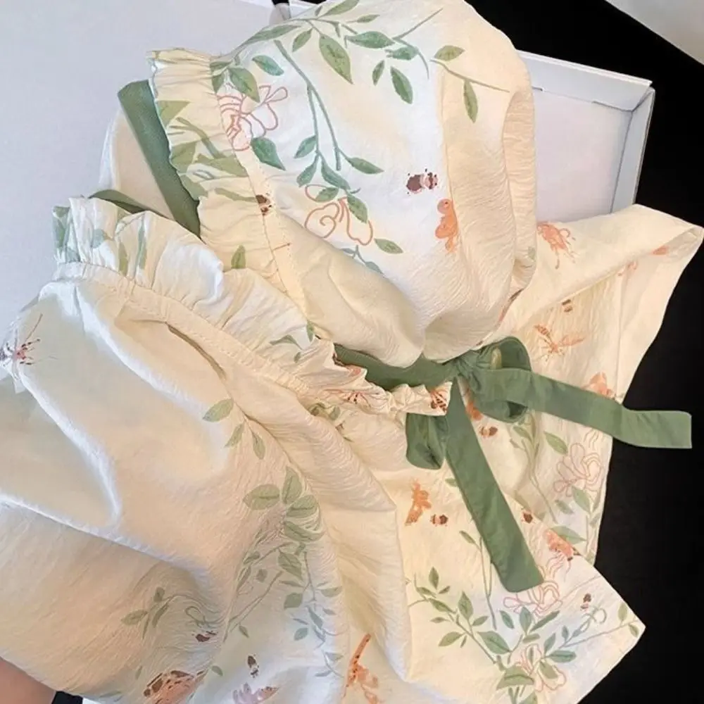 New Chinese Style Lace Up Pajama Suit Reffle Flower Shorts Sleeve Nightwear V-Neck Women Homewear Two Pieces Sleepwear Sets Home