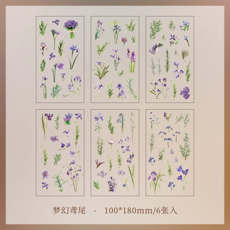6 stuks bloemdecoratieve stickers, esthetische, waterdichte PET-stickers, voor dagboeken, notitieboeken, waterflessen en albums, decoratieve materialen.