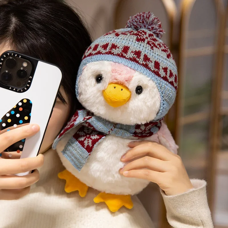 الكرتون الشتاء البطريق الأرنب مع قبعة وشاح Kawaii عناق لينة ألعاب من القطيفة محشوة الحيوان وسادة هدايا عيد الميلاد #4