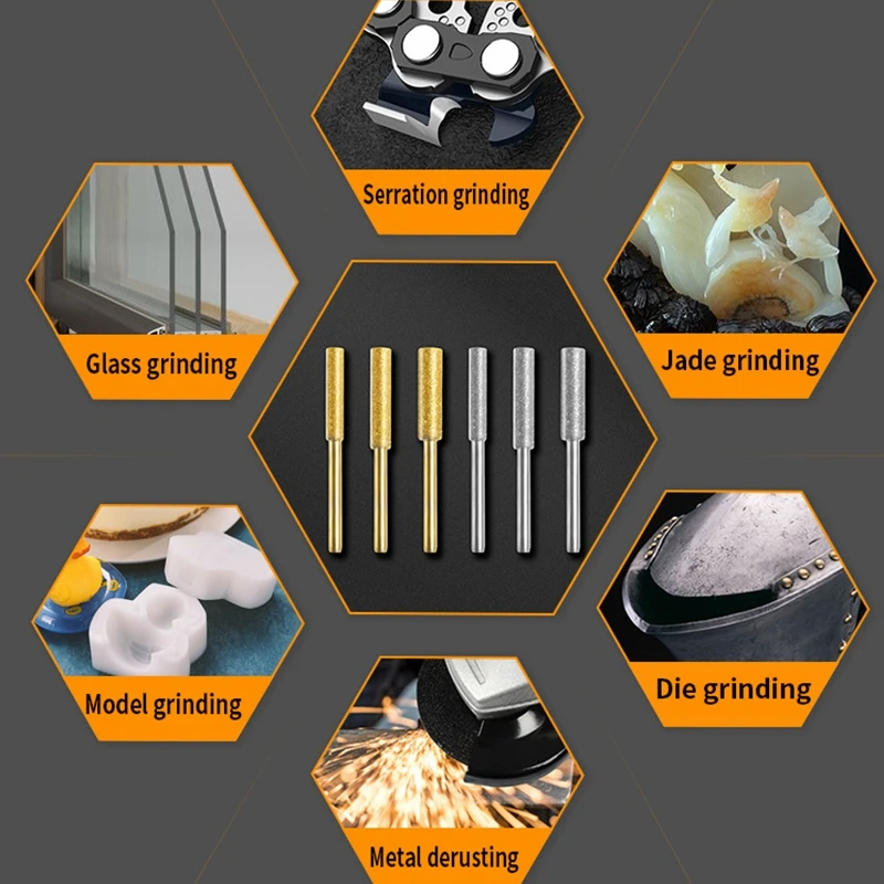 Afiador cilíndrico de motosserra, serra de corrente, escultura revestida, ferramentas de diamante, arquivo de moagem de rebarbas, 4/4.8/5.5mm, pedra 6/12 peças