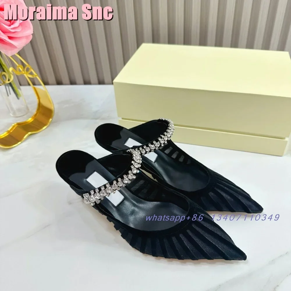 Pointed Toe Crystal Detailing Slippers Fashion Mesh Shallow Stiletto High Heels Luxury Sexy Women\'s Summer Shoes Sandals Banquet