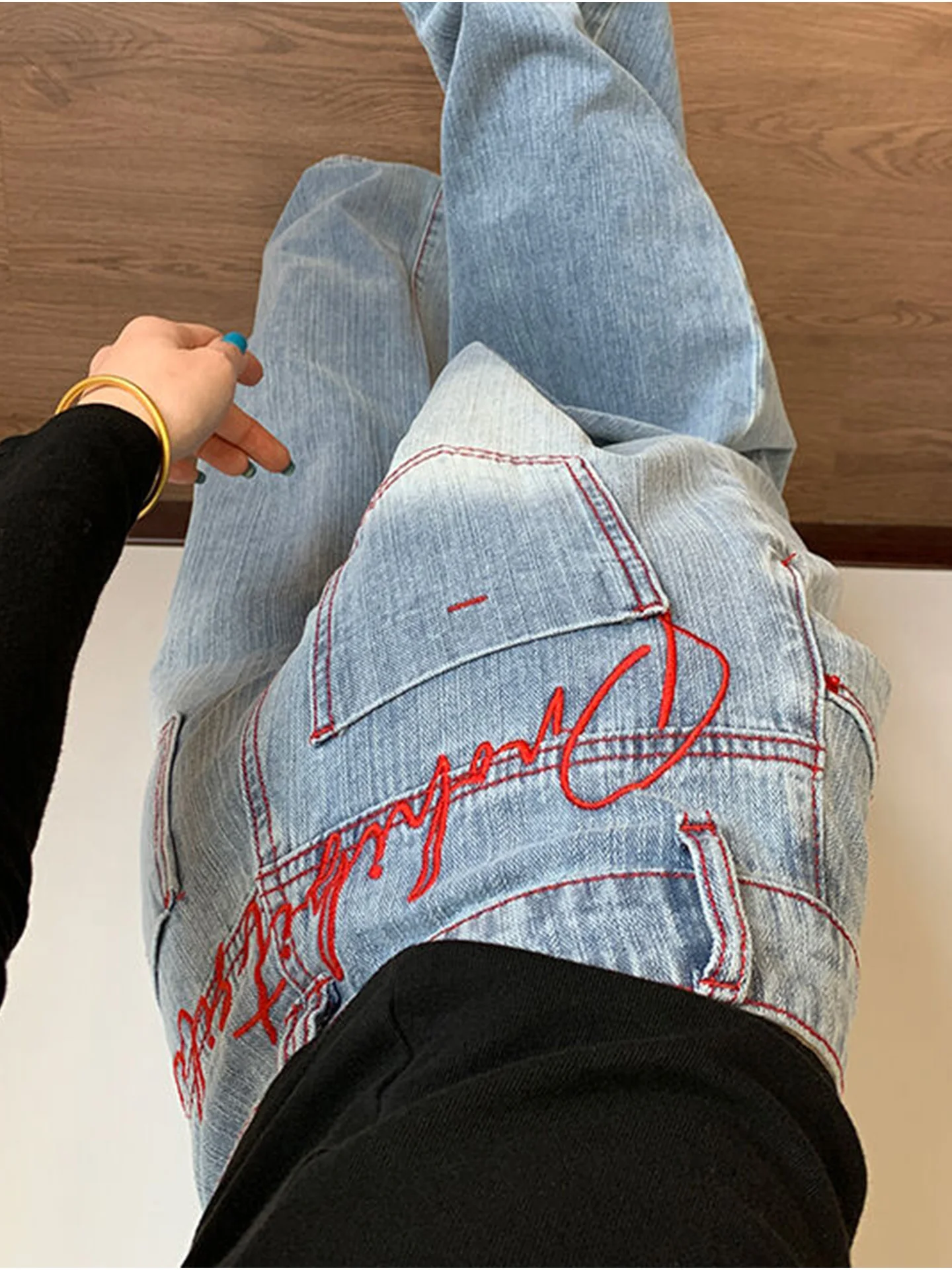 

Джинсы Slim Fit с широкими штанинами для женщин, в американском стиле, летние, новые, с вышивкой и карманами, для невысоких девушек, в стиле Lazy Style