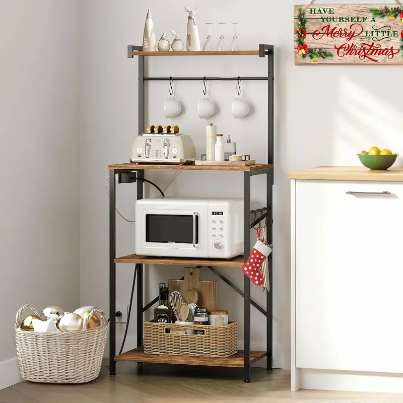 Bakers Rack with Power Outlets, 4 Tier Microwave Stand, Coffee Bar Station with 6 S-Shaped Hooks, X-Shaped Back Support