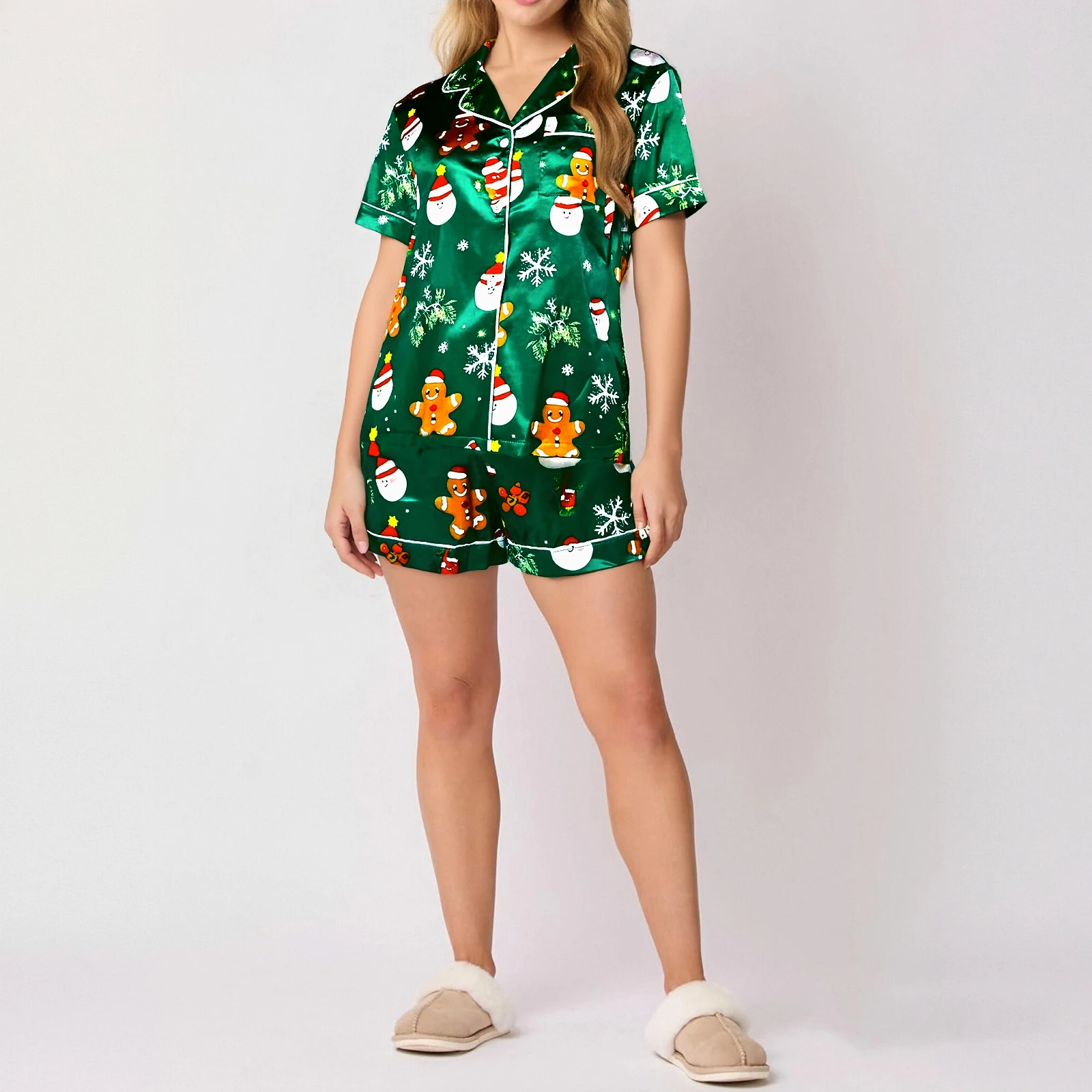 

Women 2 Piece Christmas Pajama Set Printed Short Sleeve Button-up Tops and Elastic Waist Shorts