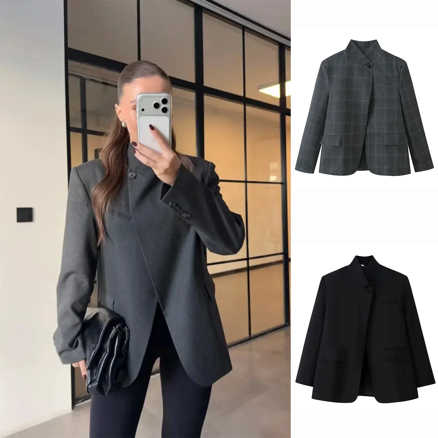 

Новая женская куртка-пиджак с высоким воротником и длинными рукавами, на одной пуговице, из полиэстера, в клетку, модная