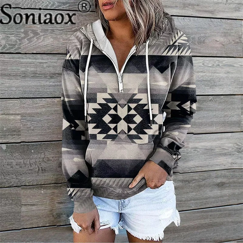 Hoodies do vintage geometria cor contraste zíper com capuz topos feminino outono nova queda ombro manga longa solta camisola feminina